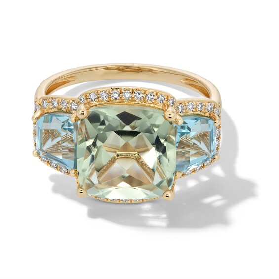 EFFY™ Collection Cushion-Cut Green Quartz, Sky Blue Topaz and 0.18 CT. T.W. Diamond Cocktail Ring in 14K Gold