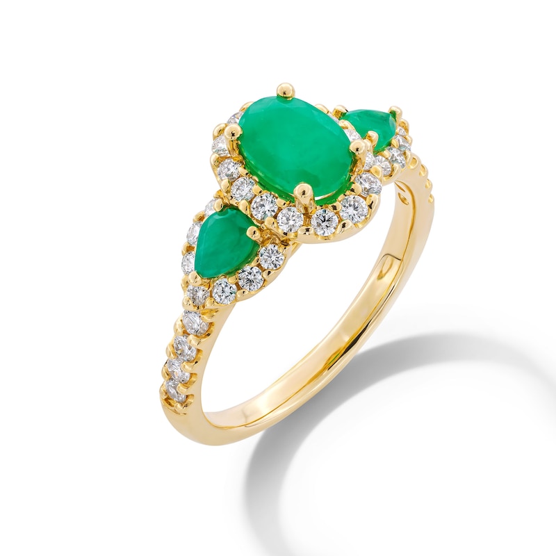 Main Image 3 of Oval and Pear-Shaped Emerald with 0.45 CT. T.W. Diamond Frame Three Stone Ring in 10K Gold