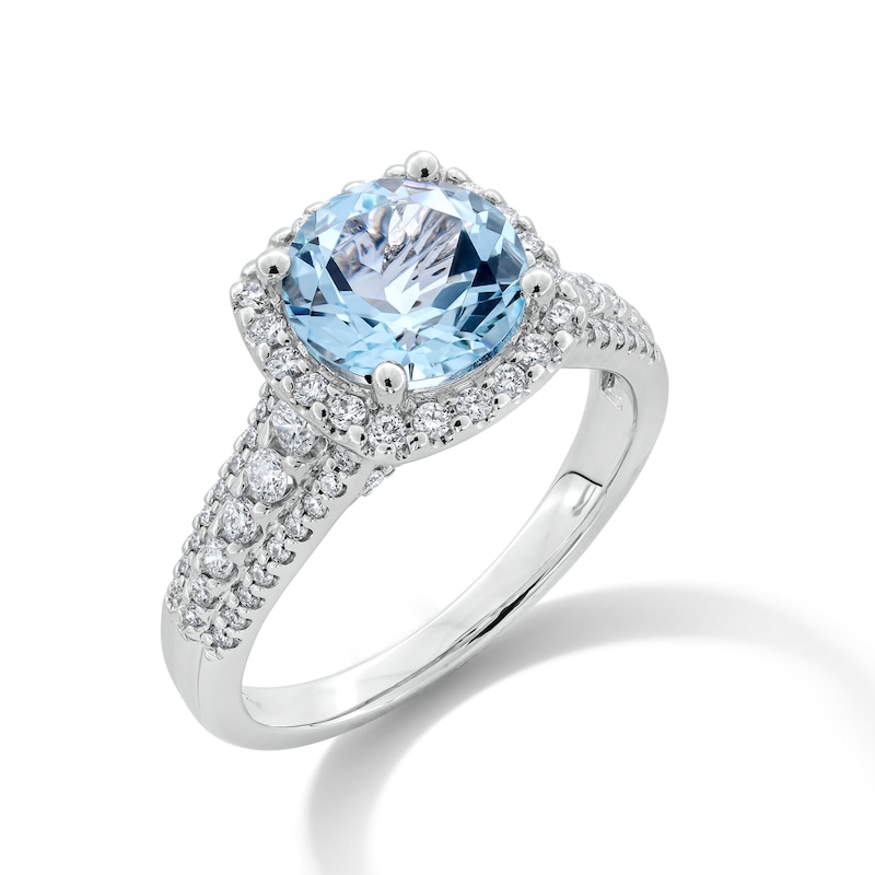 Main Image 3 of 8.0mm Aquamarine and 0.45 CT. T.W. Diamond Cushion Frame Multi-Row Ring in 10K White Gold