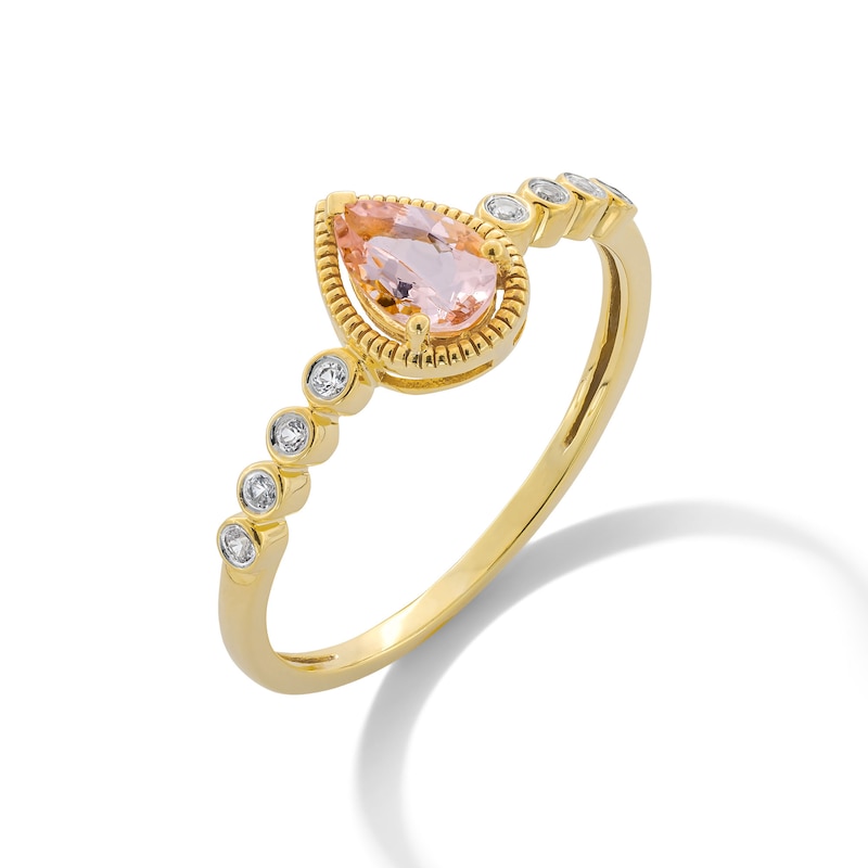 Main Image 3 of Pear-Shaped Morganite and White Lab-Created Sapphire Frame Ring in 10K Gold