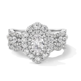 Vera Wang Love Collection 1.56 CT. T.W. Oval Diamond Double Frame Scallop Shank Bridal Set in 14K White Gold