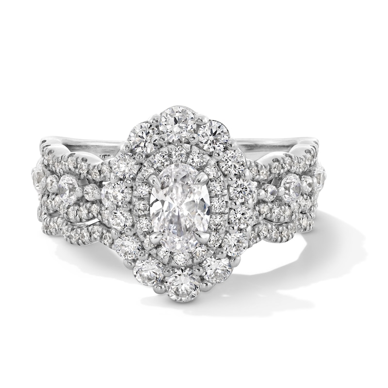 Vera Wang Love Collection 1.56 CT. T.W. Oval Diamond Double Frame Scallop Shank Bridal Set in 14K White Gold