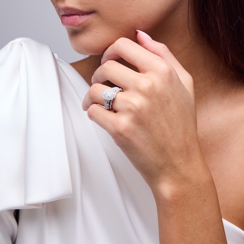 Main Image 2 of Vera Wang Love Collection 1.56 CT. T.W. Oval Diamond Double Frame Scallop Shank Bridal Set in 14K White Gold