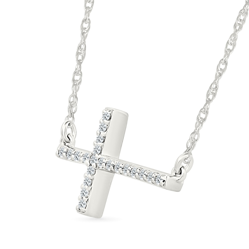 Main Image 2 of 0.065 CT. T.W. Diamond Sideways Cross Necklace in Sterling Silver