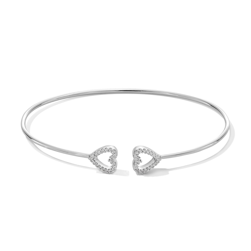 Main Image 1 of 0.20 CT. T.W. Diamond Double Heart Open Bangle in Sterling Silver - 6.2"