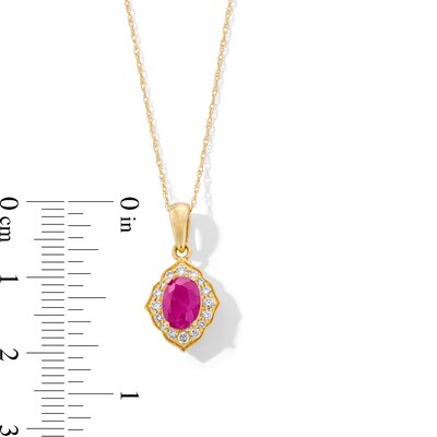 Oval Certified Ruby and 0.065 CT. T.W. Diamond Arabesque Frame Pendant in 10K Gold