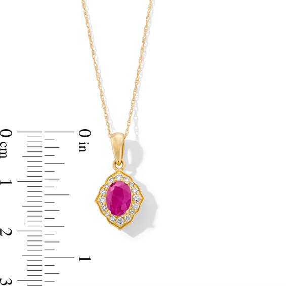Oval Certified Ruby and 0.065 CT. T.W. Diamond Arabesque Frame Pendant in 10K Gold