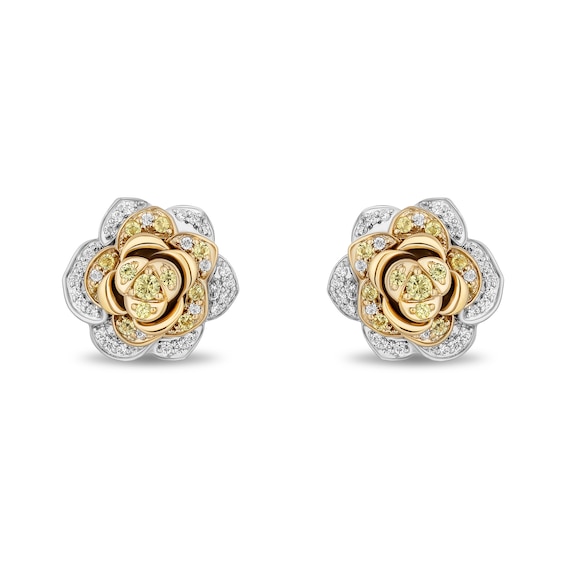 Enchanted Disney Belle Yellow Sapphire and 0.23 CT. T.W. Diamond Rose Stud Earrings in Sterling Silver and 10K Gold