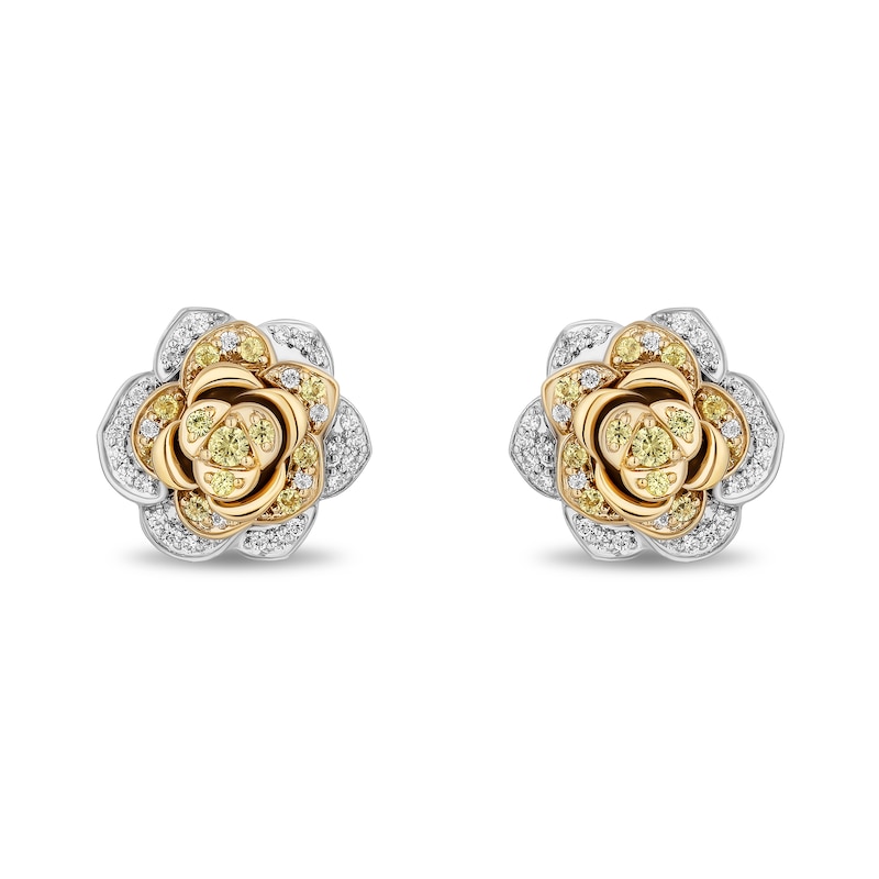 Main Image 1 of Enchanted Disney Belle Yellow Sapphire and 0.23 CT. T.W. Diamond Rose Stud Earrings in Sterling Silver and 10K Gold