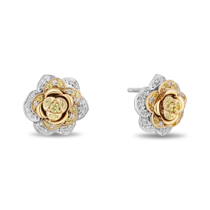 Main Image 2 of Enchanted Disney Belle Yellow Sapphire and 0.23 CT. T.W. Diamond Rose Stud Earrings in Sterling Silver and 10K Gold