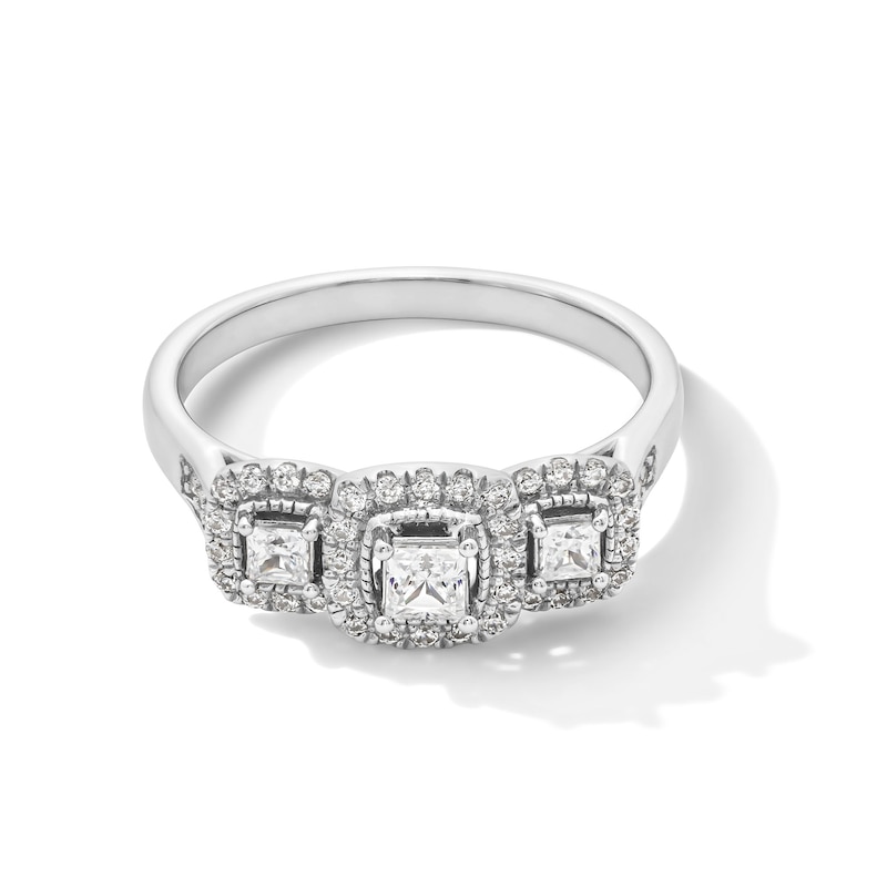 Main Image 1 of 0.50 CT. T.W. Princess-Cut Diamond Cushion Frame Past Present Future® Engagement Ring in 10K White Gold