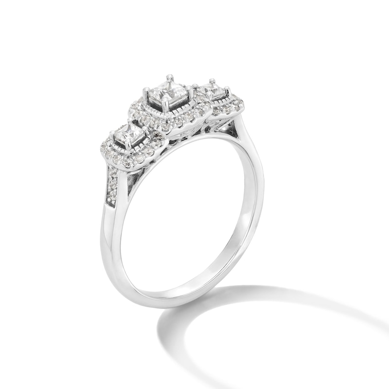 Main Image 3 of 0.50 CT. T.W. Princess-Cut Diamond Cushion Frame Past Present Future® Engagement Ring in 10K White Gold