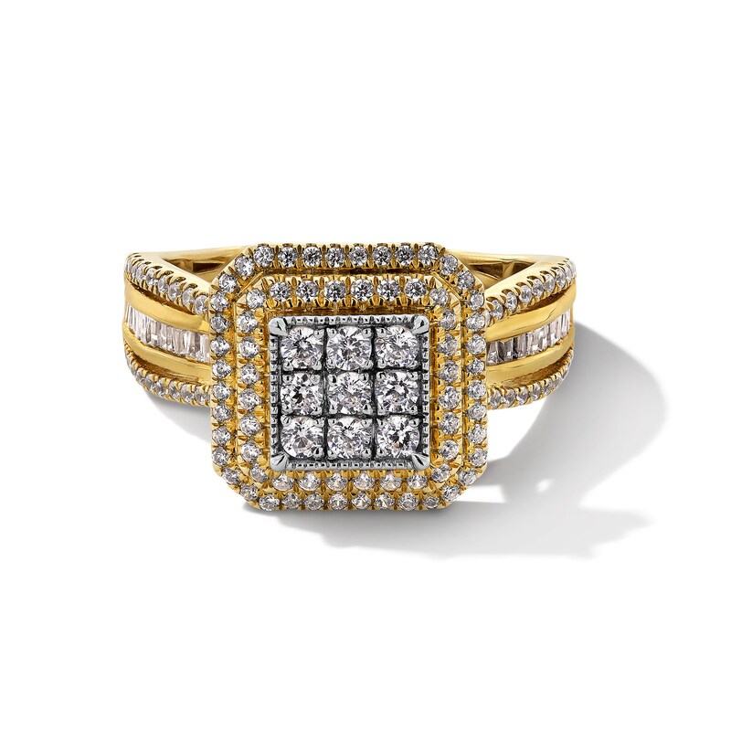 Main Image 3 of 1.00 CT. T.W. Multi-Diamond Double Cushion Frame Multi-Row Engagement Ring in 10K Gold