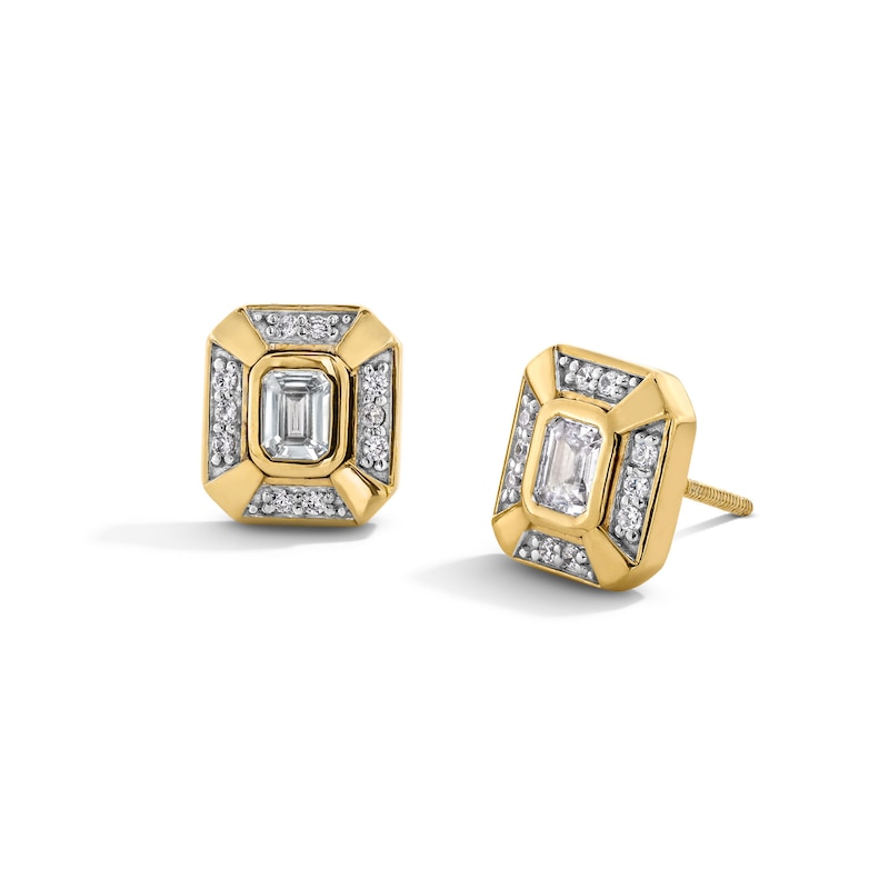 Main Image 1 of 0.50 CT. T.W. Emerald-Cut Certified Lab-Grown Diamond Frame Bezel-Set Stud Earrings in 10K Gold (F/SI2)