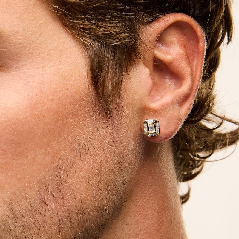 Main Image 2 of 0.50 CT. T.W. Emerald-Cut Certified Lab-Grown Diamond Frame Bezel-Set Stud Earrings in 10K Gold (F/SI2)
