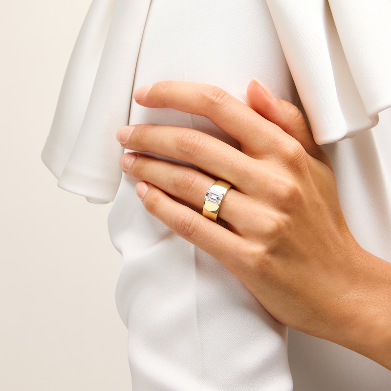 Main Image 2 of 2.00 CT. Emerald-Cut Certified Lab-Grown Diamond Solitaire Wide Band Engagement Ring in 14K Gold (F/VS2)