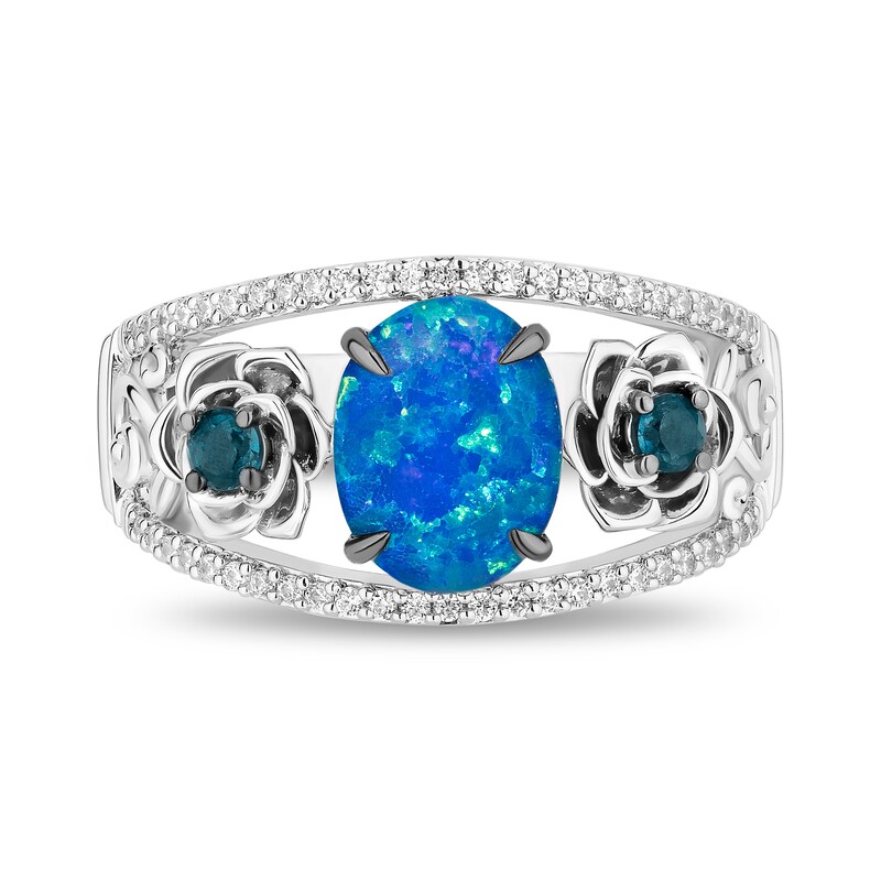 Main Image 4 of Enchanted Disney Cinderella Oval Blue Lab-Created Opal, London Blue Topaz and Diamond Flower Ring in Sterling Silver