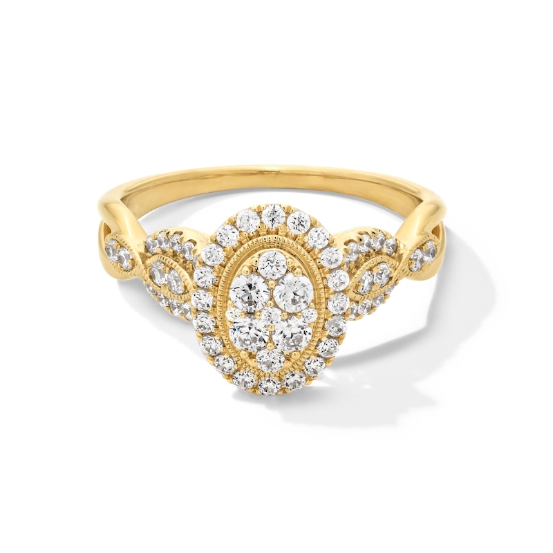 Main Image 1 of 0.60 CT. T.W. Oval-Shaped Multi-Diamond Frame Ornate Shank Vintage-Style Engagement Ring in 10K Gold