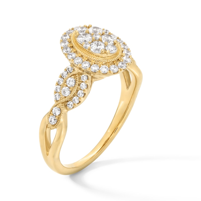 Main Image 3 of 0.60 CT. T.W. Oval-Shaped Multi-Diamond Frame Ornate Shank Vintage-Style Engagement Ring in 10K Gold