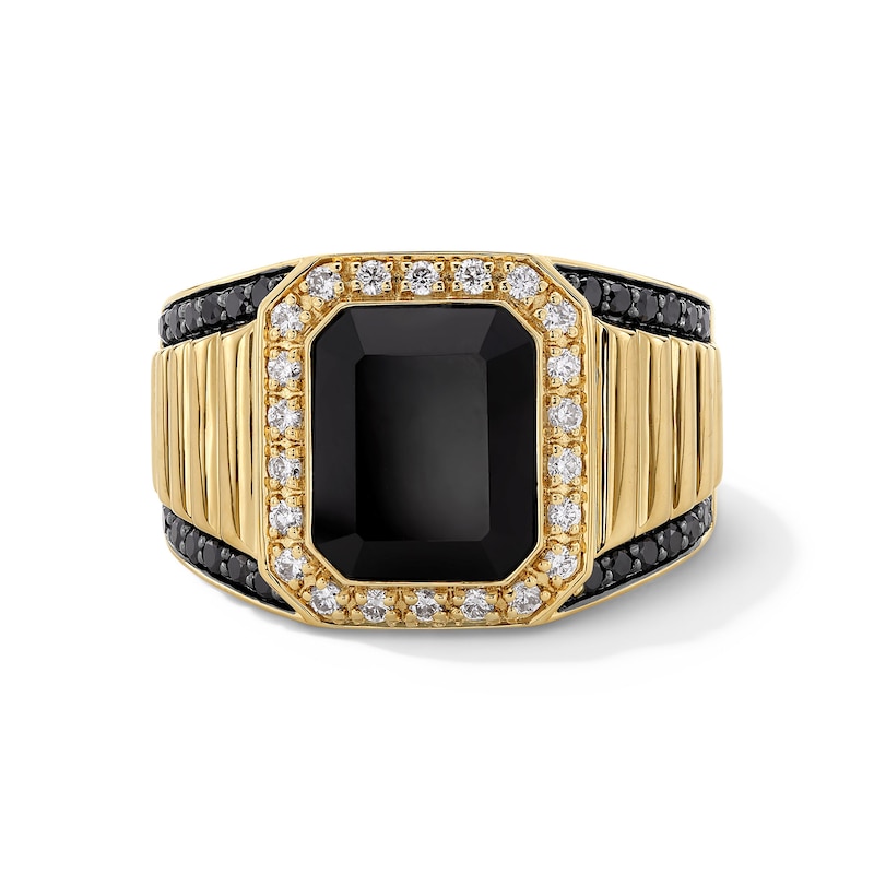 Main Image 1 of EFFY™ Collection Emerald-Cut Onyx with 0.58 CT. T.W. Black and White Diamond Frame Ring in 14K Gold