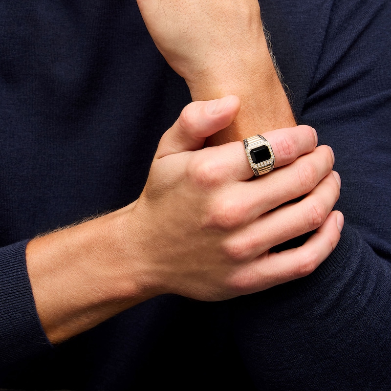 Main Image 2 of EFFY™ Collection Emerald-Cut Onyx with 0.58 CT. T.W. Black and White Diamond Frame Ring in 14K Gold