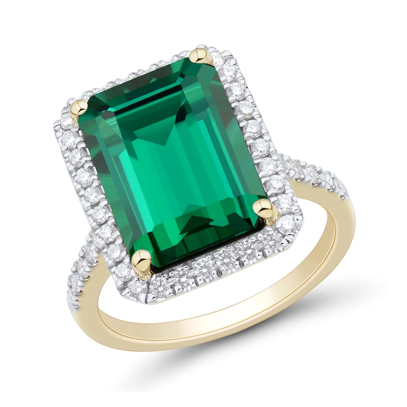 Main Image 1 of Emerald-Cut Lab-Created Emerald and 0.45 CT. T.W. Certified Lab-Grown Diamond Frame Ring in 10K Gold (I/SI2)