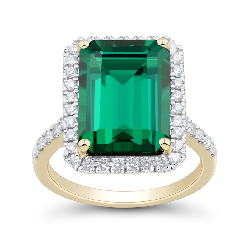 Main Image 2 of Emerald-Cut Lab-Created Emerald and 0.45 CT. T.W. Certified Lab-Grown Diamond Frame Ring in 10K Gold (I/SI2)
