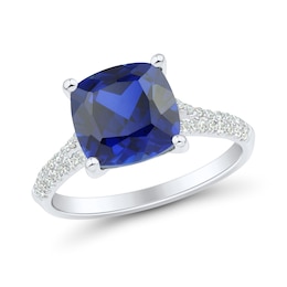 Cushion-Cut Blue Lab-Created Sapphire and 0.23 CT. T.W. Certified Lab-Grown Diamond Split Shank Ring in 10K White Gold
