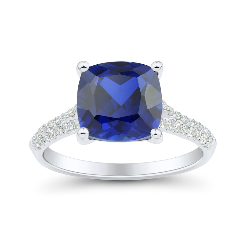 Main Image 2 of Cushion-Cut Blue Lab-Created Sapphire and 0.23 CT. T.W. Certified Lab-Grown Diamond Split Shank Ring in 10K White Gold