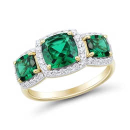 Cushion-Cut Lab-Created Emerald and 0.29 CT. T.W. Certified Lab-Grown Diamond Frame Three Stone Ring in 10K Gold