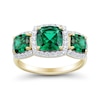 Thumbnail Image 2 of Cushion-Cut Lab-Created Emerald and 0.29 CT. T.W. Certified Lab-Grown Diamond Frame Three Stone Ring in 10K Gold