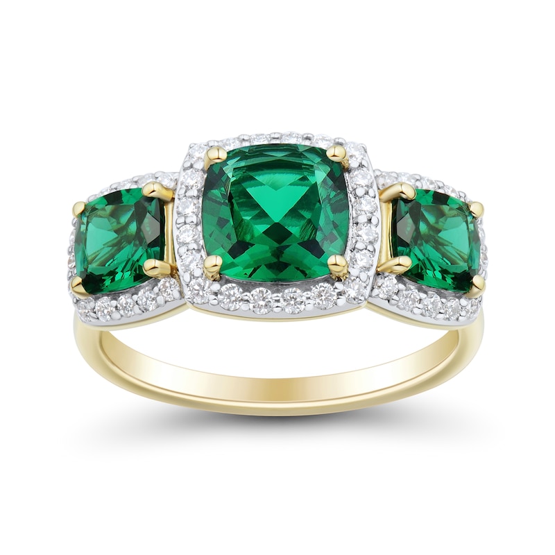 Main Image 2 of Cushion-Cut Lab-Created Emerald and 0.29 CT. T.W. Certified Lab-Grown Diamond Frame Three Stone Ring in 10K Gold
