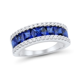 Princess-Cut Blue Lab-Created Sapphire and 0.37 CT. T.W. Certified Lab-Grown Diamond Band in 10K White Gold (F/SI2)