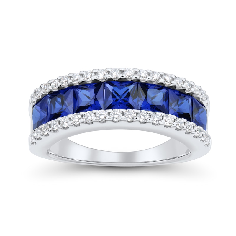Main Image 2 of Princess-Cut Blue Lab-Created Sapphire and 0.37 CT. T.W. Certified Lab-Grown Diamond Band in 10K White Gold (F/SI2)