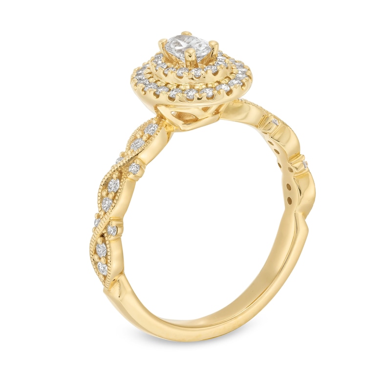 Main Image 3 of 0.60 CT. T.W. Oval Diamond Double Frame Twist Shank Vintage-Style Engagement Ring in 14K Gold