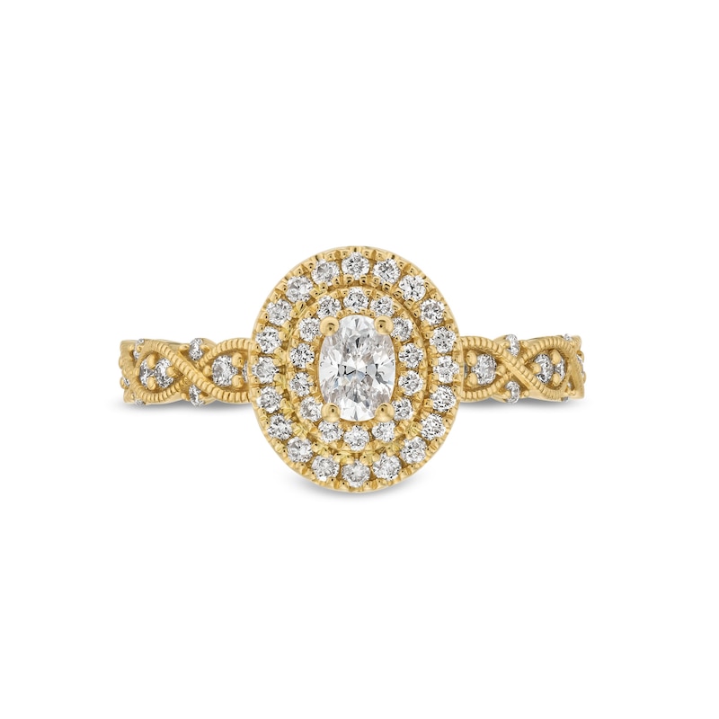 Main Image 4 of 0.60 CT. T.W. Oval Diamond Double Frame Twist Shank Vintage-Style Engagement Ring in 14K Gold