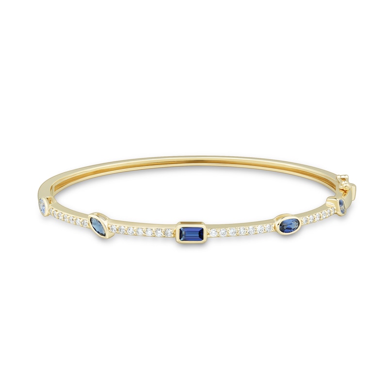 Main Image 1 of Multi-Shaped Blue Lab-Created Sapphire and 0.45 CT. T.W. Certified Lab-Grown Diamond Station Bangle in 10K Gold