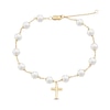 Thumbnail Image 1 of 5.0-5.5mm Freshwater Cultured Pearl Station Cross Charm Bracelet in 10K Gold - 8.0"