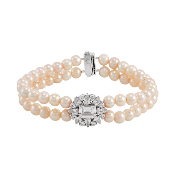 5.0-6.0mm Freshwater Cultured Pearl and White Lab-Created Sapphire Double Strand Bracelet in Sterling Silver - 7.5”
