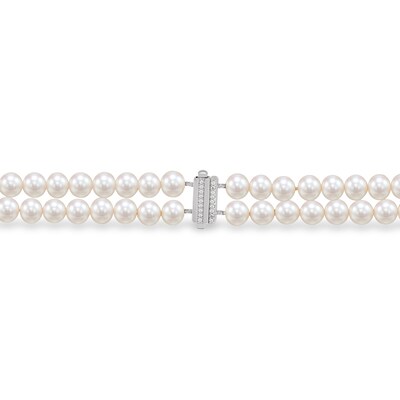 5.0-6.0mm Freshwater Cultured Pearl and White Lab-Created Sapphire Choker Necklace in Sterling Silver - 16.25”