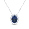 Thumbnail Image 1 of Oval Blue Lab-Created Sapphire and 0.29 CT. T.W. Certified Lab-Grown Diamond Sunburst Frame Pendant in 10K White Gold