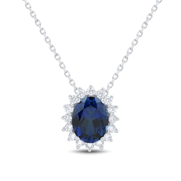 Oval Blue Lab-Created Sapphire and 0.29 CT. T.W. Certified Lab-Grown Diamond Sunburst Frame Pendant in 10K White Gold