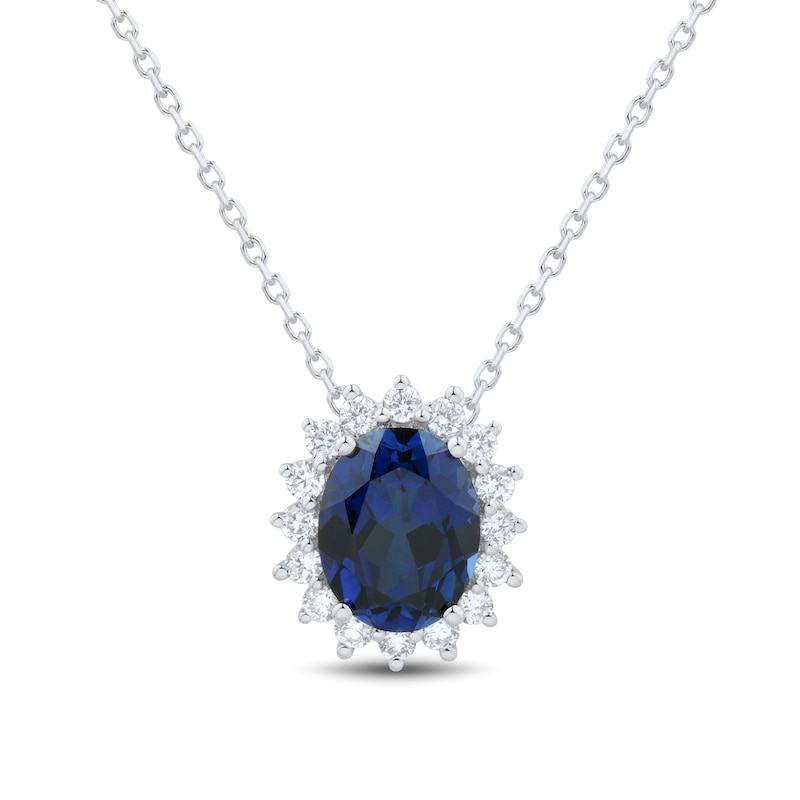 Main Image 1 of Oval Blue Lab-Created Sapphire and 0.29 CT. T.W. Certified Lab-Grown Diamond Sunburst Frame Pendant in 10K White Gold