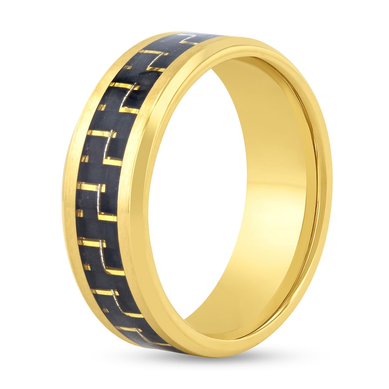 Main Image 2 of 8.0mm Woven Black Carbon Fibre Inlay Engravable Wedding Band in Stainless Steel with Yellow Ion Plate (1 Line)