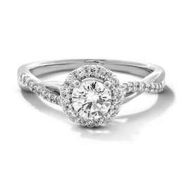 0.70 CT. T.W. Certified Lab-Grown Diamond Frame Crossover Shank Engagement Ring in 14K White Gold (F/VS2)