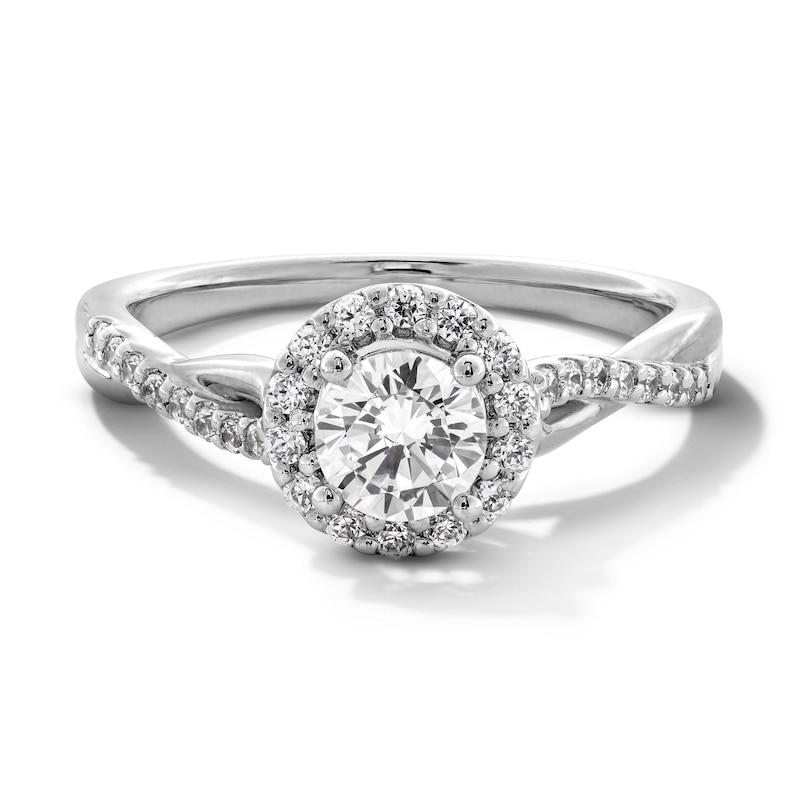 Main Image 1 of 0.70 CT. T.W. Certified Lab-Grown Diamond Frame Crossover Shank Engagement Ring in 14K White Gold (F/VS2)