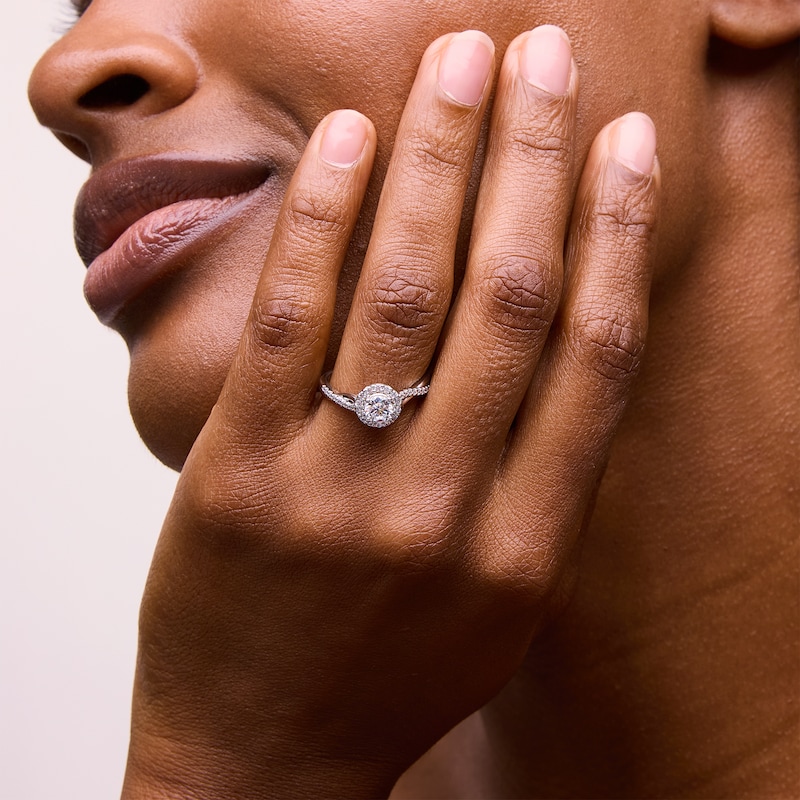 Main Image 2 of 0.70 CT. T.W. Certified Lab-Grown Diamond Frame Crossover Shank Engagement Ring in 14K White Gold (F/VS2)