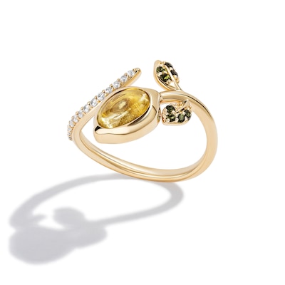 Limor Mindful Jewellery Elements Earth Oval Lemon Quartz, Green Tourmaline and Diamond Bypass Ring in Sterling Silver