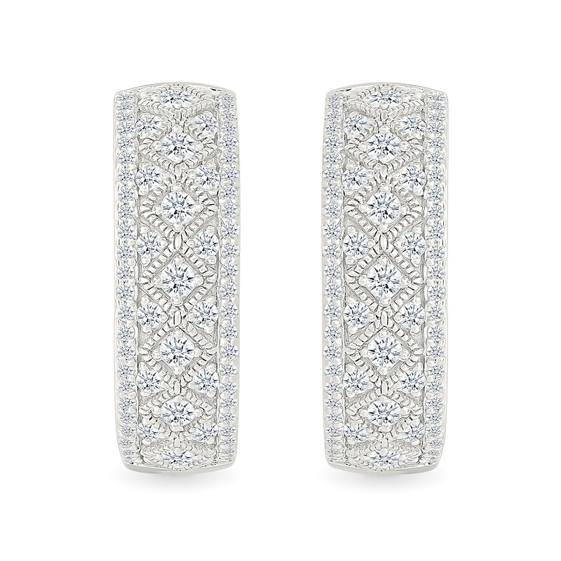 Main Image 3 of 0.95 CT. T.W. Diamond Patterned Vintage-Style Hoop Earrings in Sterling Silver