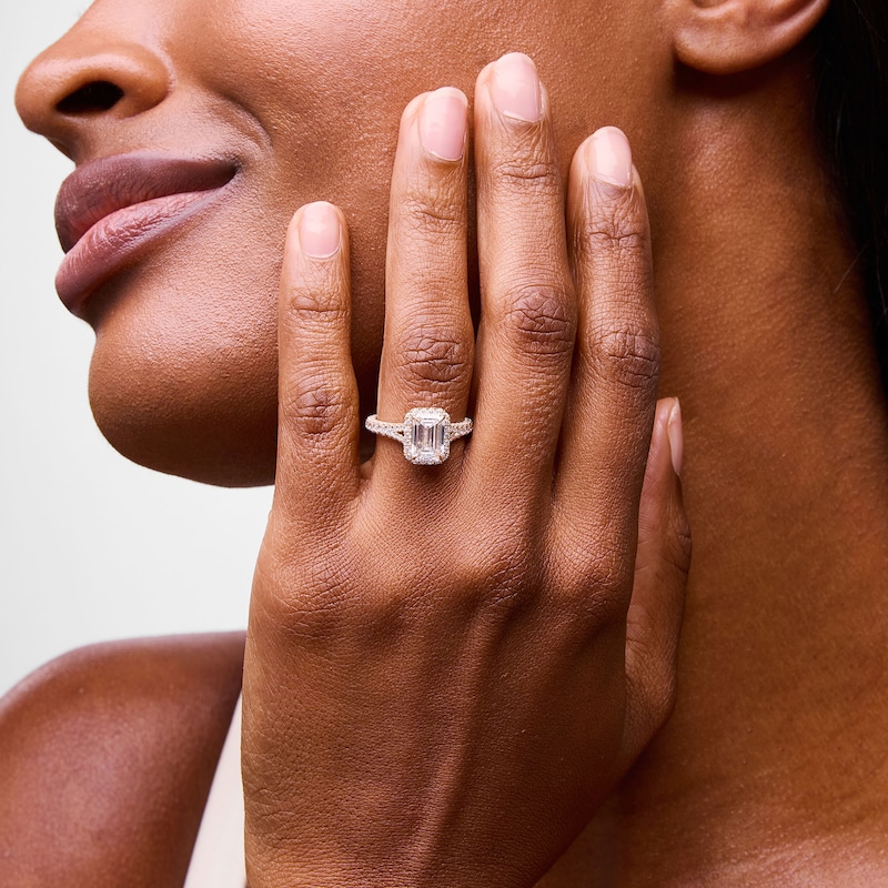 Main Image 2 of Vera Wang Love Collection 2.95 CT. T.W. Emerald-Cut Certified Lab-Grown Diamond Frame Engagement Ring in 14K Gold